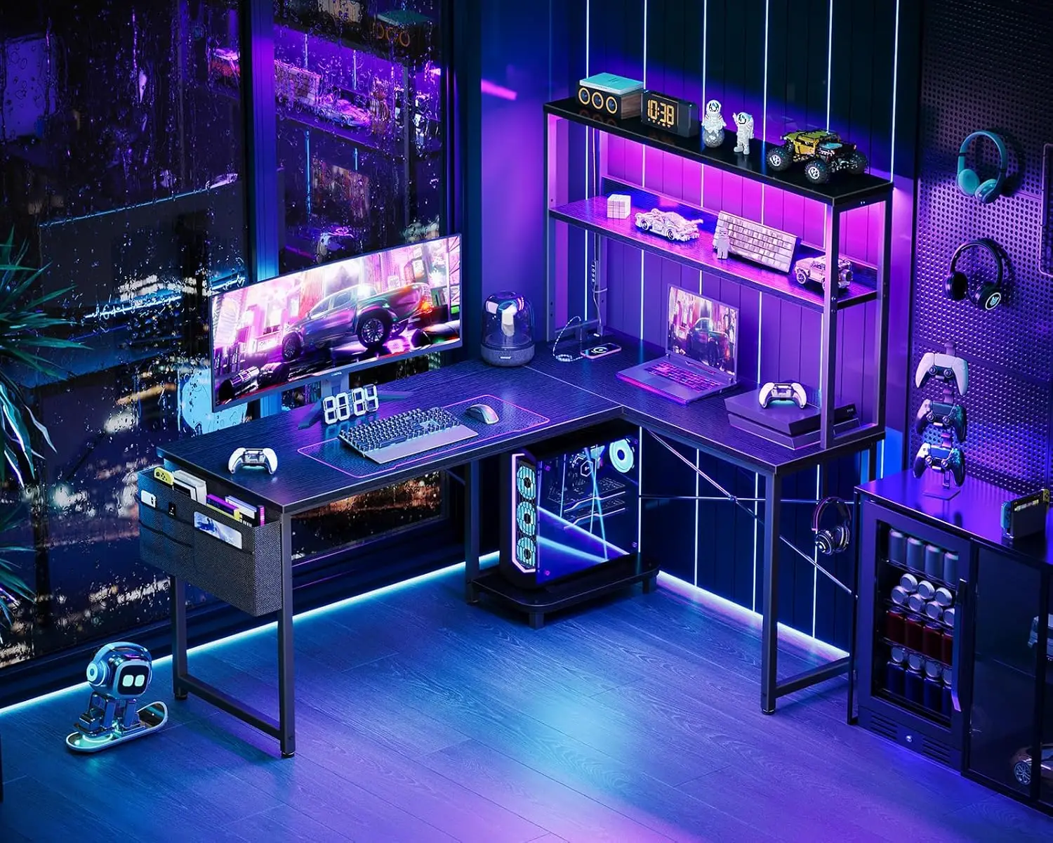 Mesa de jogos em forma de L com luz LED e tomada de energia, mesa de computador reversível em forma de L de 53 polegadas com prateleira