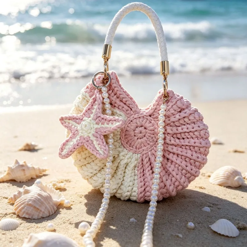 Fashionable Handmade Crochet Conch HandBag Summer Seaside Holiday Trip Beach Bag Contrasting Colors Pearls Chain Crossbody Bag