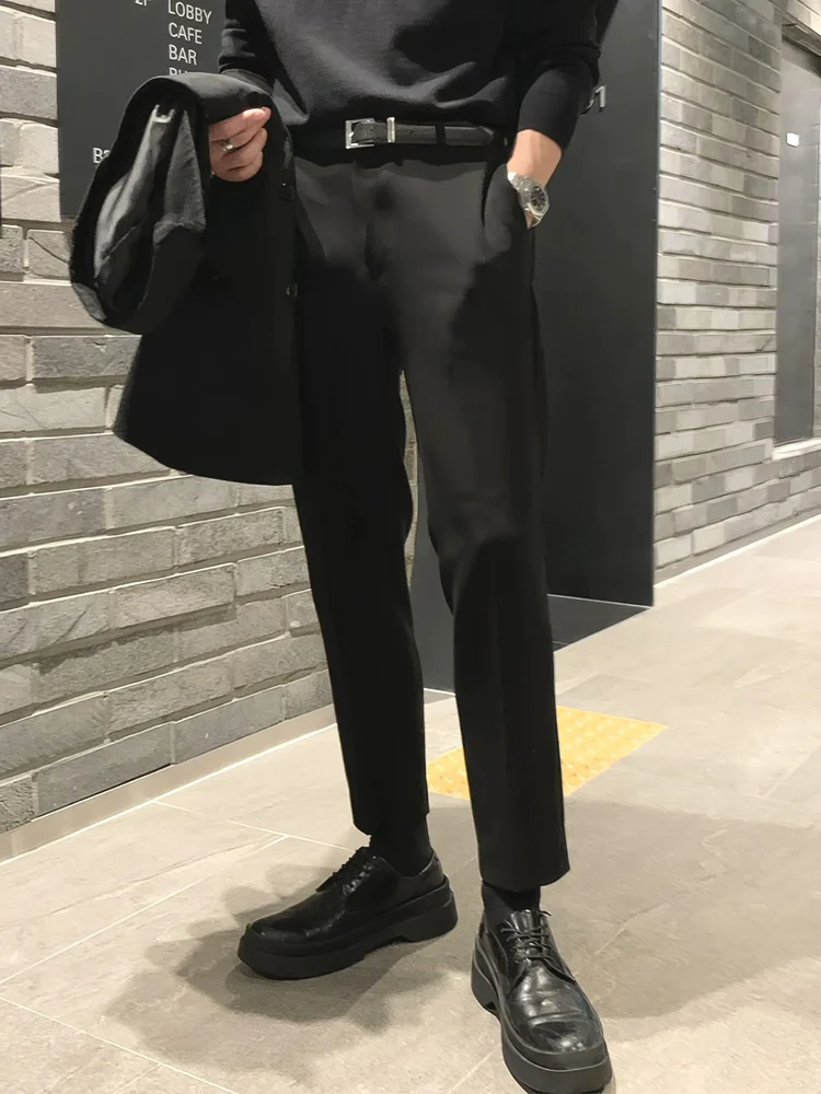 

Black Men's Suit Pants Set Casual Workwear No Ironing Slim Fit Nine Point Jeans Style French Style mid Waist Zipper Pocket
