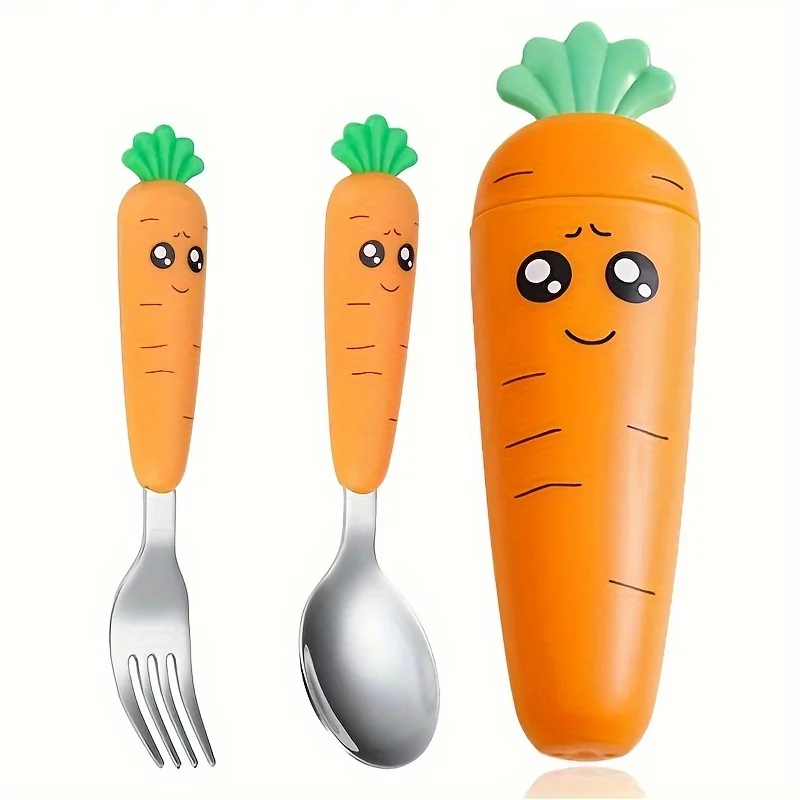 Toddler Utensils, Kids Spoons and Forks Feeding, Child Flatware Sets, Carrot Shaped Kids Silverware, Baby Travel Cutlery Set