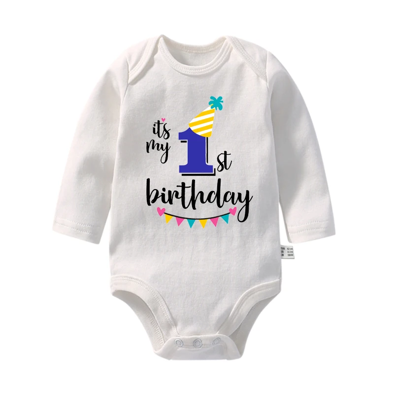 It\'s My First Birthday Baby Bodysuits Cotton Long Sleeve Boys Girls Birthday Party Outfits Rompers Toddler Infant Baby Clothes