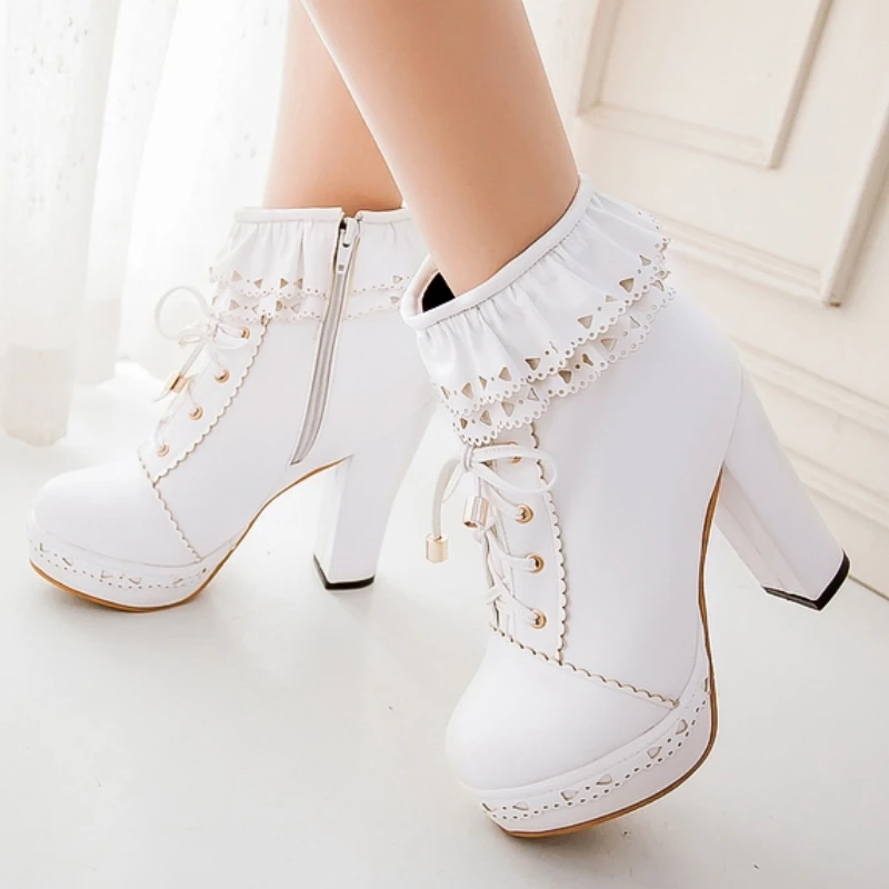 Autumn Winter Women's Ankle Boots Platform White Black Pink Sweet Short Boot Lace up Footwear Lolitas Shoes Girls Big Size 45