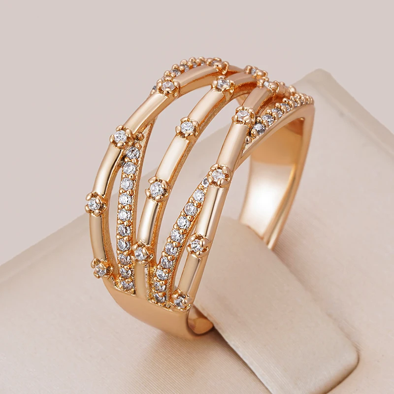 Wbmqda Unique 585 Rose Gold Color Geometric Line Zircon Ring For Women Modern Creative Design New Fashion Jewelry 2023 Trending