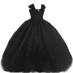 Glittery Black Girls Tutu Dress Lace Straps Pearls Tulle Girls Princess Dress Ball Gown Ankle-Length Kids Birthday Party Dresses