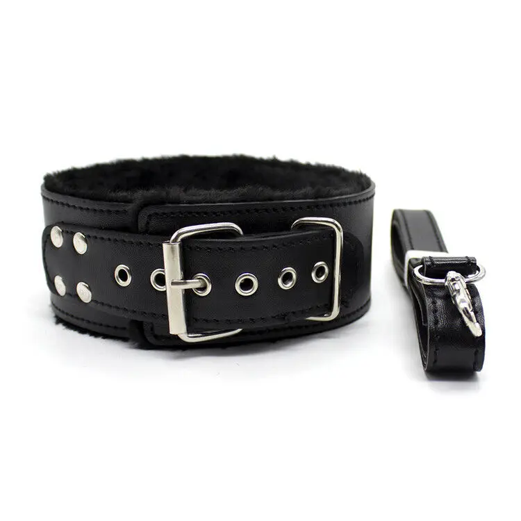 

Furry PU Leather Neck Collar Leash Bondage Restraints For Women Men BDSM Games