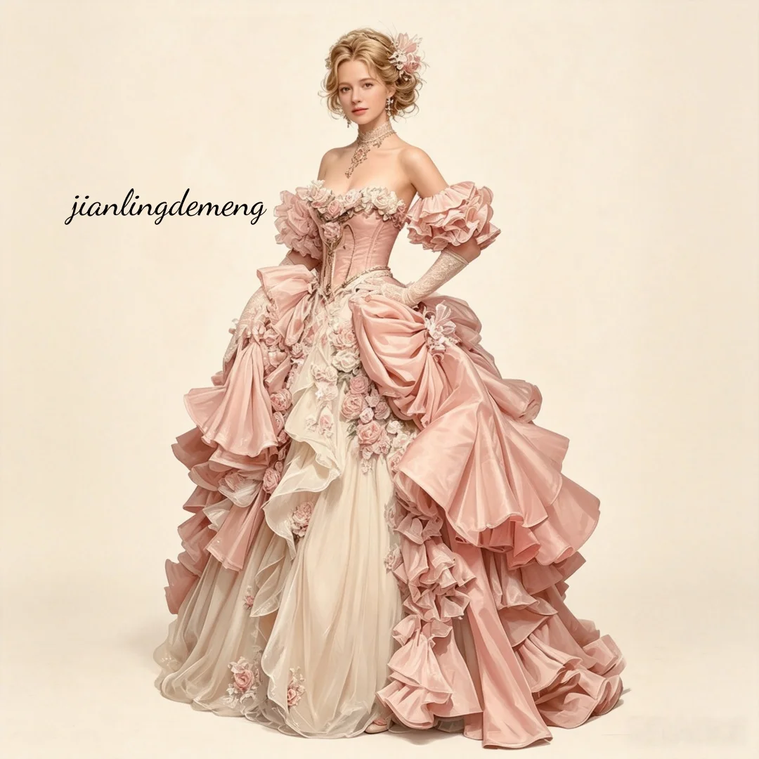 Pink Rococo Ball Gown Wedding Dress Strapless Sweetheart 3D Rose Floral Corset Lace Up Ruffled Tiered Bridal Gown Customized