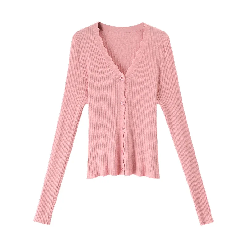 Cardigan corto da donna girocollo lavorato a maglia a costine rosa pastello viola manica lunga aderente giacca maglione corta autunno inverno Y2K outfit