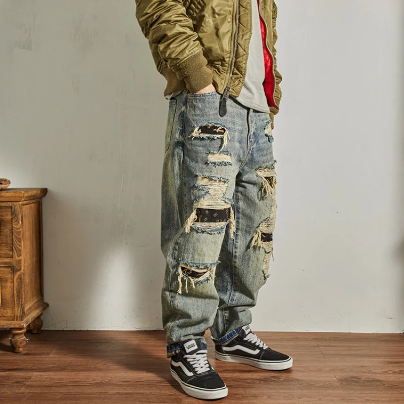 

Heavy retro jeans for men, loose straight tapered high street fashion, distressed pants, autumn men's clothing