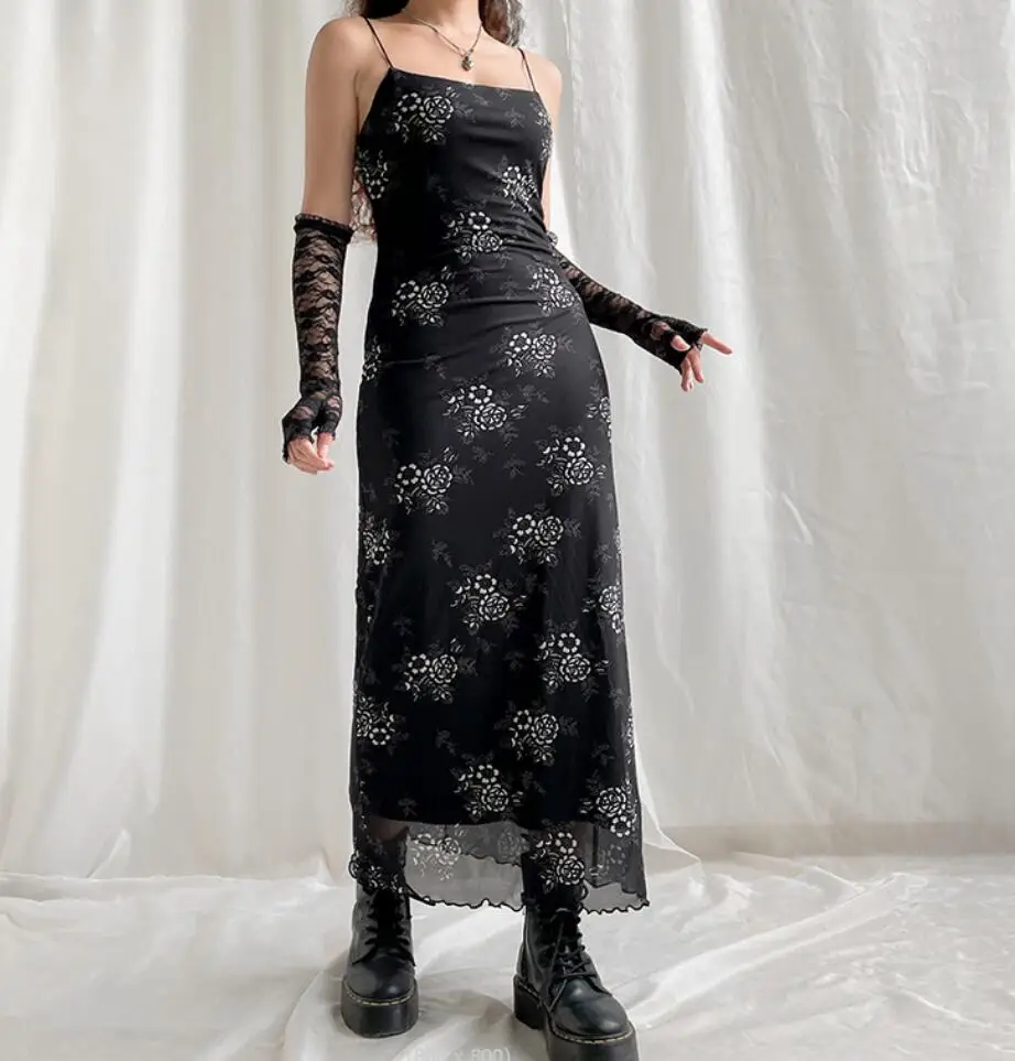 

Vintage Y2K Summer Long Dresses Grunge Streetwear Loose Fit Spaghetti Strap Maxi Dress Retro Costume Korean Bohemian Outfits