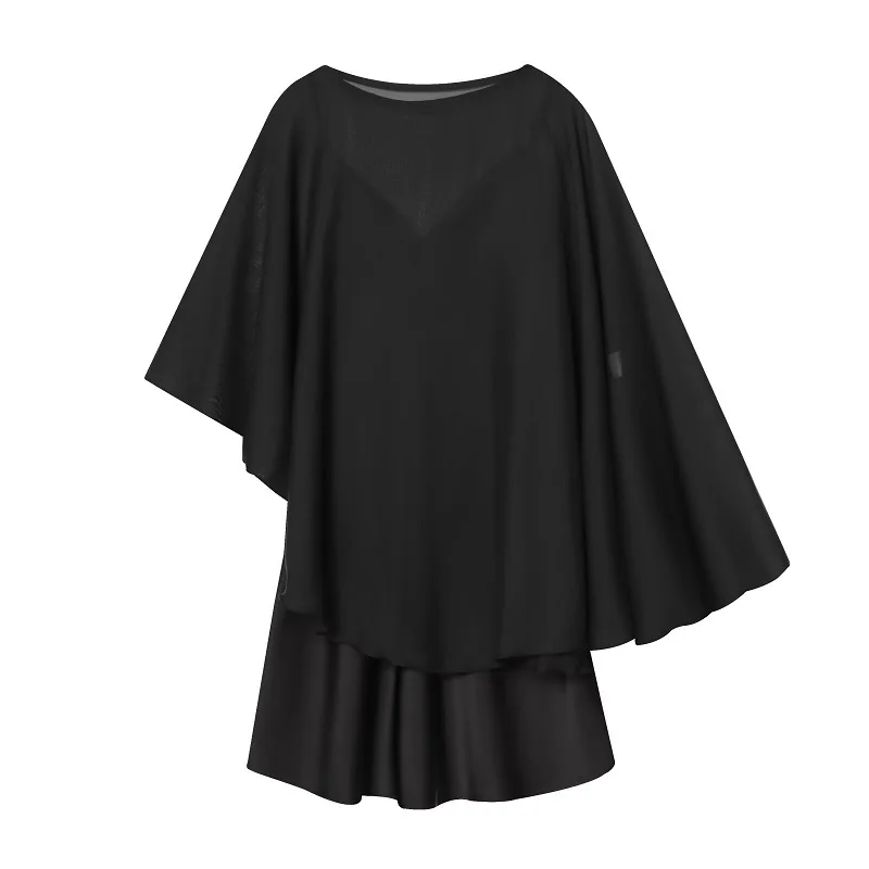 HXAO-vestido negro asimétrico para mujer, vestidos cortos de fiesta para mujer, minivestido de satén con capa, vestidos de noche semitransparentes sexis para mujer