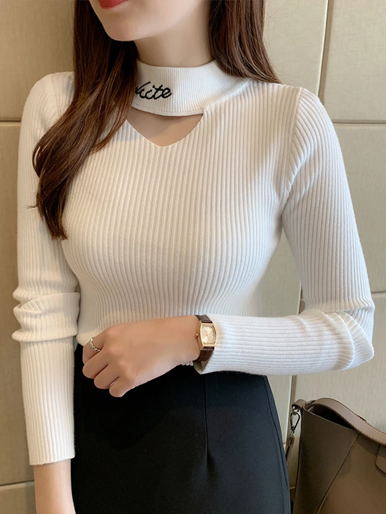 Letter Embroidery Hollow Out Mock Neck Women Sweater Autumn Winter Tops Slim Jumper Soft Warm Female Pullover Knitted Sweaters