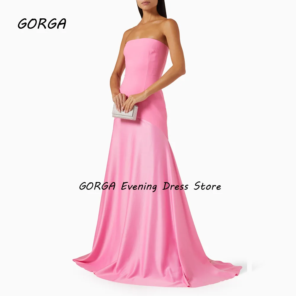 GORGA Simple Pink Strapless Satin Mermaid 2024 Slim Crepe Backless Sleeveless Ocassion Gown Floor-Length Formal Evening Dress