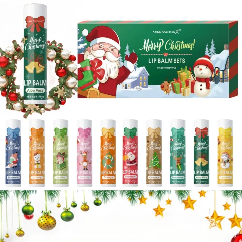 

10PCS/Box Christmas gift box, lip balm set, deeply hydrating lip moisturizer, lip color brighten, gift to women