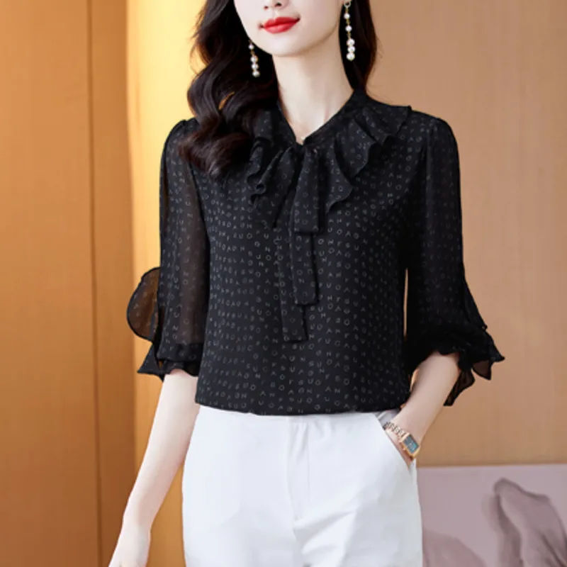 #2516 Summer Black Chiffon Blouse Women Bow V-neck Ruffles Half Sleeve Full Letters Blouse Femme Loose Womens Tops And Blouses