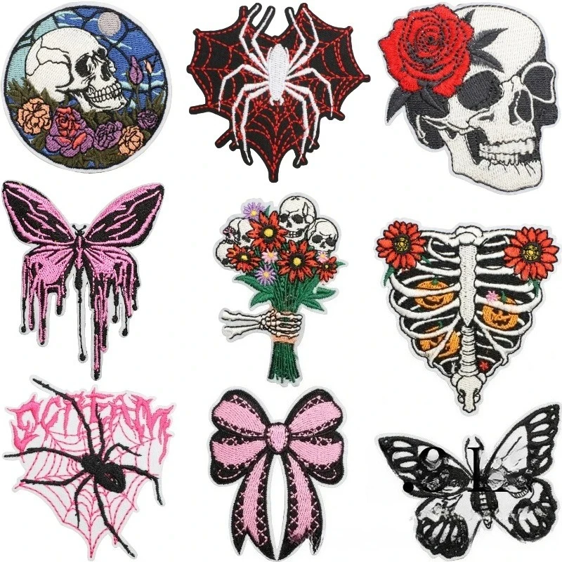 Embroidery Skull Love Cloth Sticker Couple Skull Patch Sticker Romantic Rose Computer Embroidery Label Spider Chapter Boy