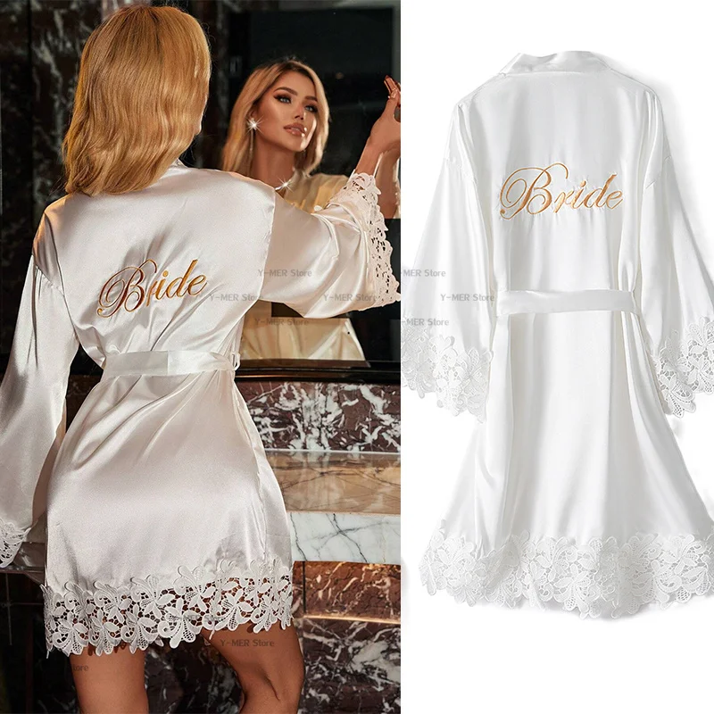 Sexy White Kimono Lady Wedding Bride Robe Embroider Bridesmaid Home Dressing Gown Lace Nightgown Satin Sleepwear Loose Lingerie