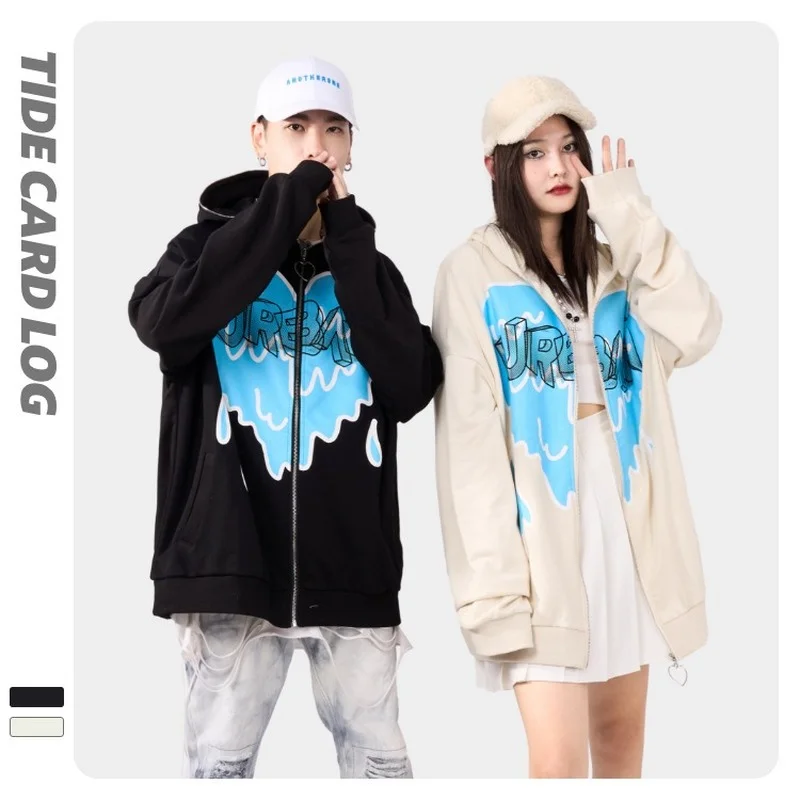 Original design hooded cartoon love zipper cardigan tide brand streetwear sweater men couple jacket black white