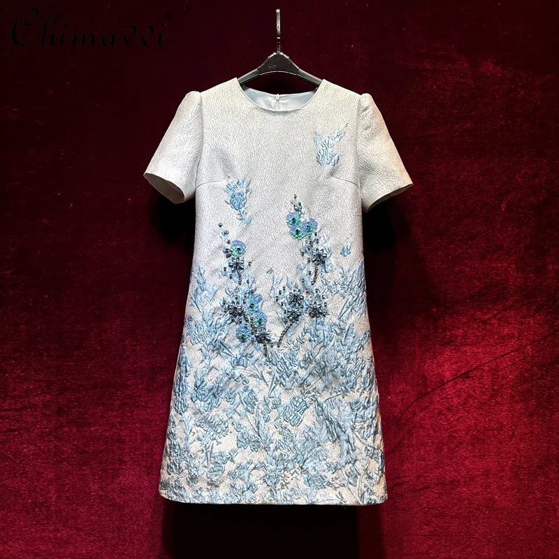 

French Retro Luxury Jacquard Short-sleeved Loose Waist Dress Women's 2025 Summer New Fashion Round Neck Elegant Mini Dress