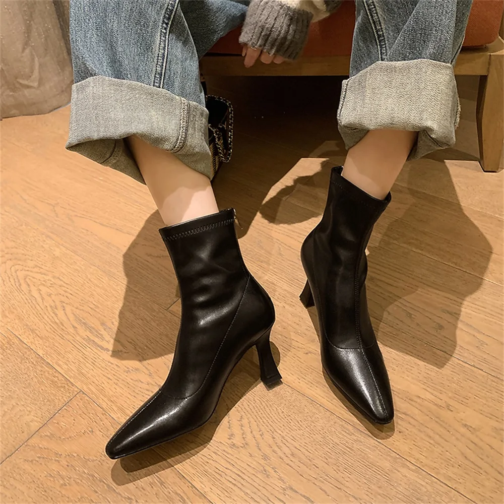 Taoffen Genuine Leather Stretch Boots Women Pointed Toe Thin Heels With Zipper Ankle Boots 2024 Spring Autumn Dress Party Boots