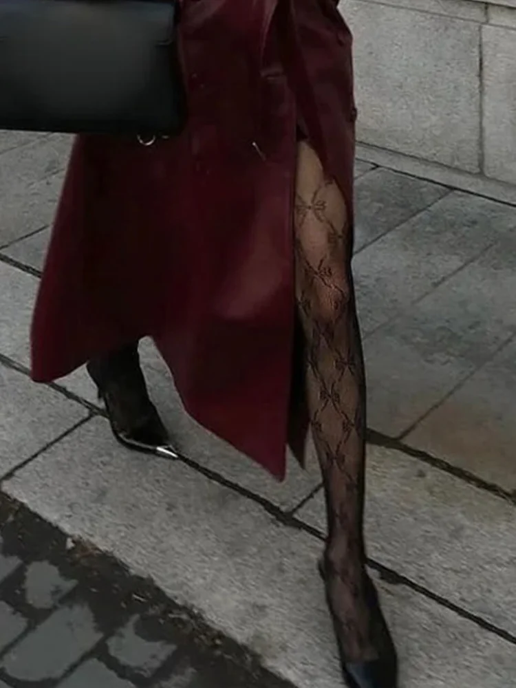 

Chic Red PU Leather Women Windbreak With Belt Lace Up Lapel Double Breasted Maxi Jacket Female 2025 Autumn Casual Lady Outwear