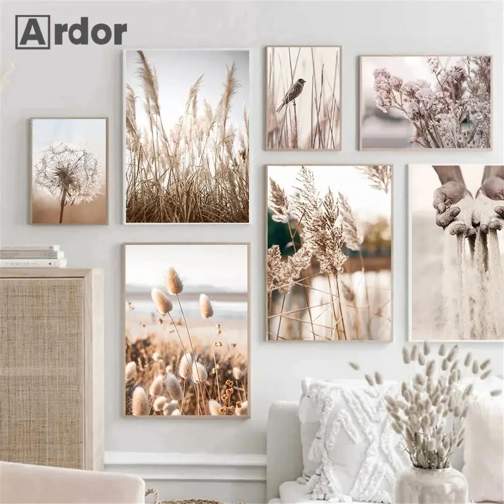 Sunset Reeds Grass Bird Flower Plant Wall Art Canvas Poster Sand Hand Prints Nordic Art Painting Wall Pictures Living Room Decor