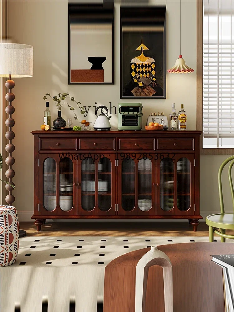Sideboard Cabinet Solid Wood Tea Cabinet Cream Style Changhong Glass Living Room and Kitchen Storage Cupboard