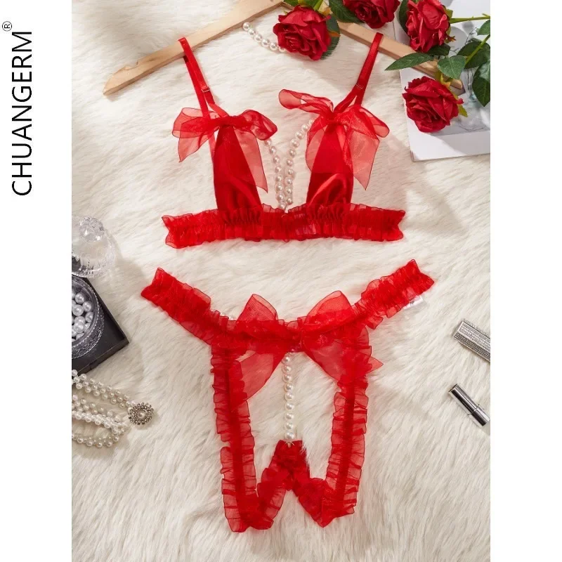 CHUANGERM Lace Fine Lingerie Erotic Hot Women's Underwear Pearl Chain Sexy Onlyfans Body Suit Bra Top Panties Set Intimates sexy