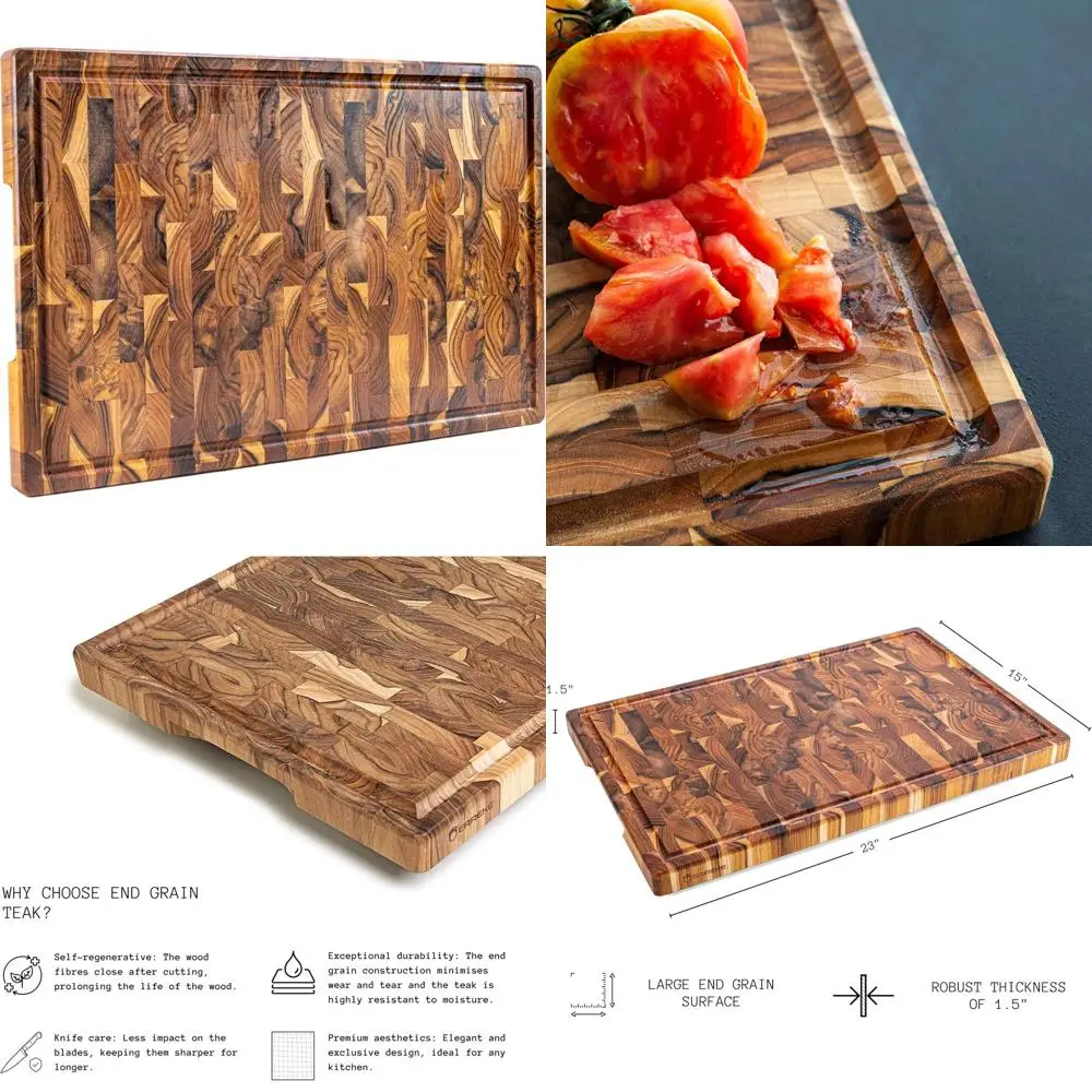

Large Thick Teak Wood XXL Cutting Board with Juice Groove, Non-Slip Base, and Easy Grip