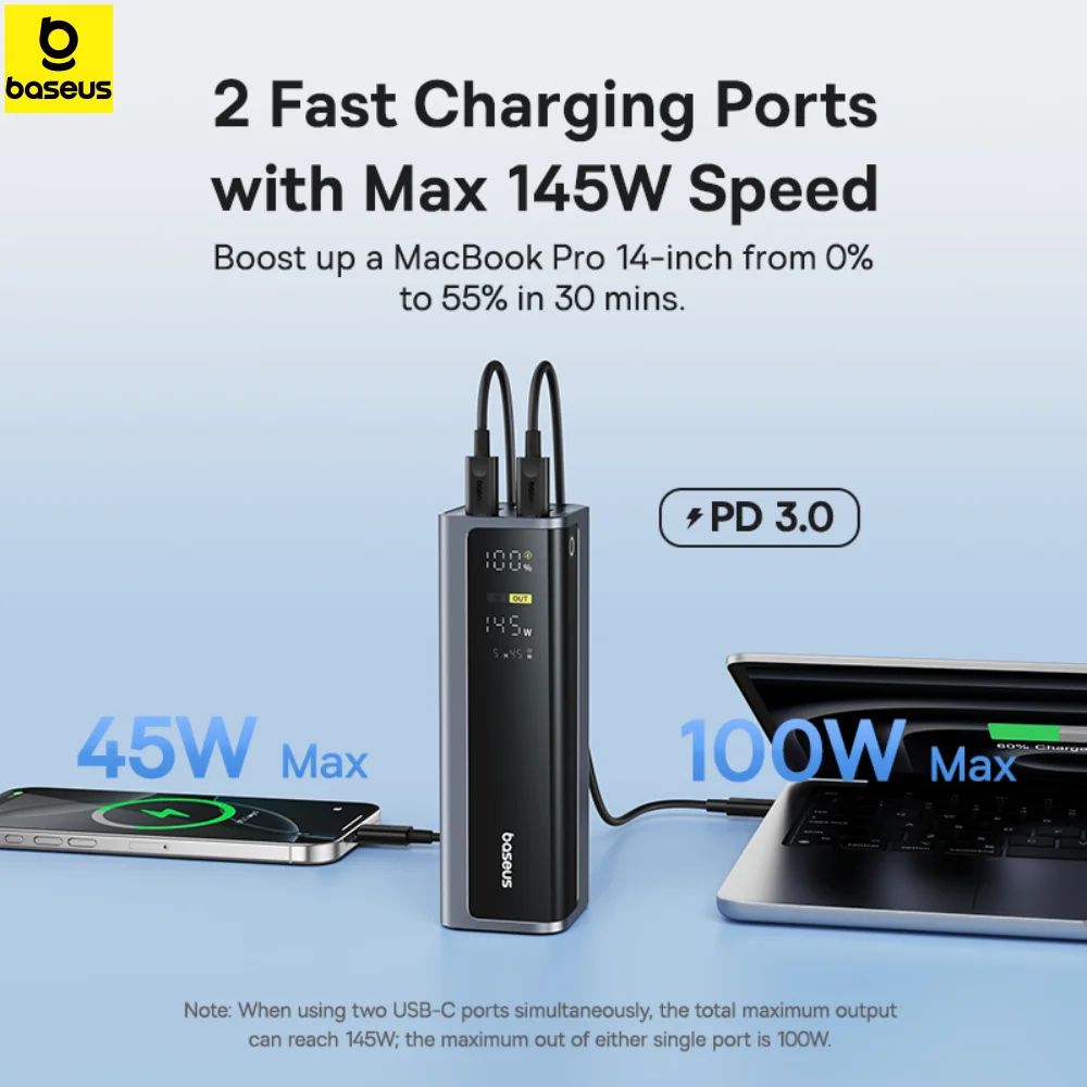 Baseus 145W Power Bank 20800mAh مع شاشة رقمية ذكية شحن سريع بطارية خارجية محمولة لهاتف Samsung Huawei iPhone