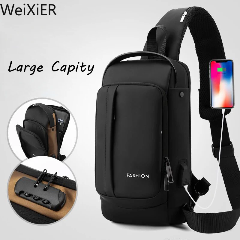 Running Cycling Large Capacity Men Usb Waterproof Sports Multifunction Shoulder Crossbody Bag Messenger Chest Sling Travel Pack