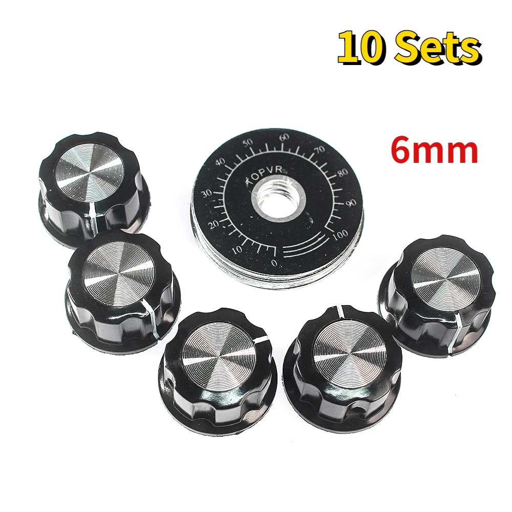 

10 Set Potentiometer Knob Kit MF-A03 Dial Knob + MF-A03 Bakelite Knob with Scale Plate Sheet Scale Digital 6mm Potentiometer Set