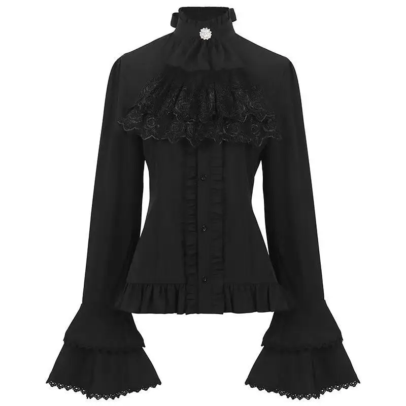 2024 Autumn New Foreign Gothic Black Shirt Blouse Vintage Lace Medieval Court Long Sleeve Top Cosplay Halloween Shirts Women