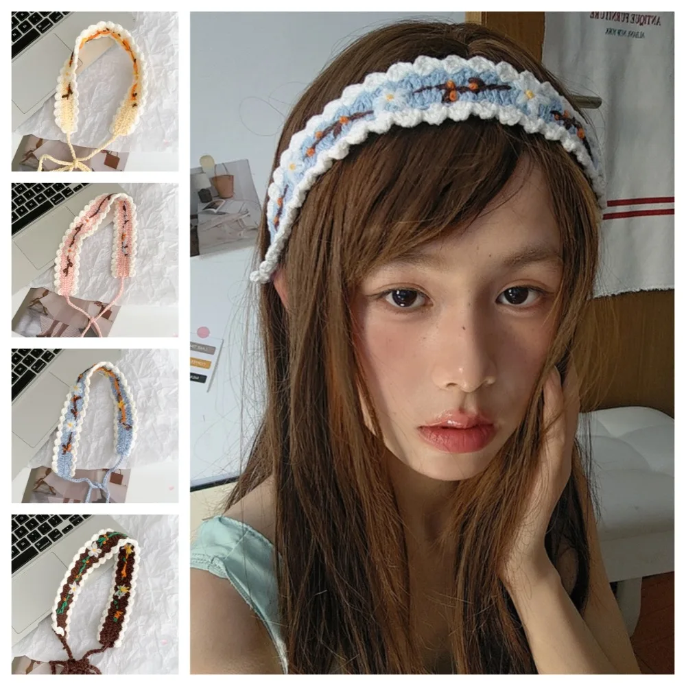 

Embroidered Knitted Flower Headband Soft Woolen Yarn Crochet Hair Band Sweet Thin Pastoral Style Hair Band