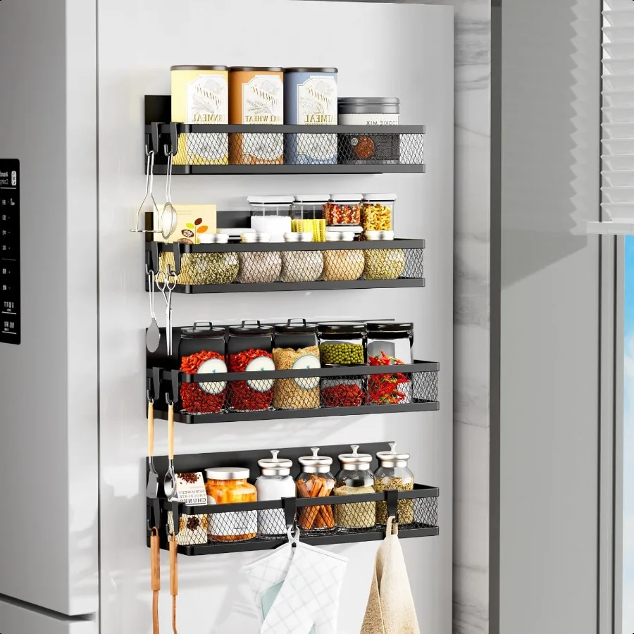 

Magnetic Spice Rack for Refrigerator 4 Pack Magnetic Shelf for Refrigerator Moveable Fridge Magnetic Spice Racks with 10Hook Ra