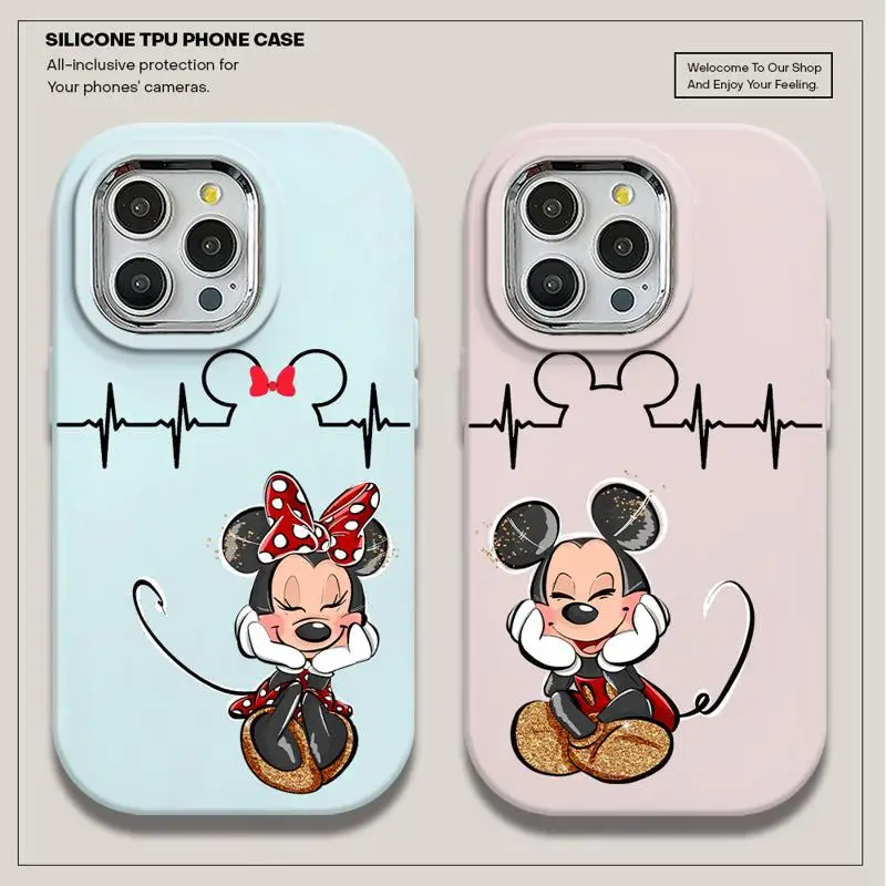 Liquid Phone Case for Realme 12 11 9 8 GT3 C55 C35 C53 C25 C21y C25S Metal Camera Frame Cover Mickey Minnie Mouse Heartbeat