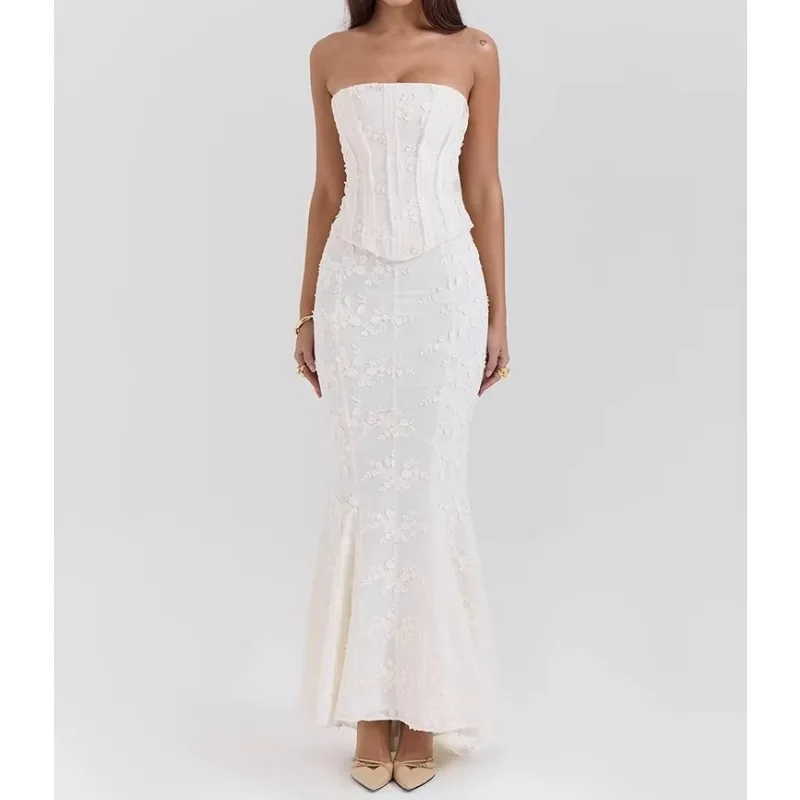 Strapless Sexy Two Piece Set Women White Off-shoulder Lace-up Crop Tops And Maxi Skirt Matching Sets Female Dress Set