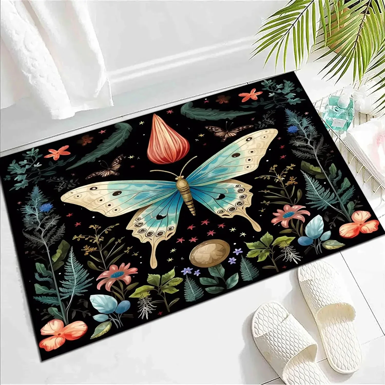 Karpet Boho Motif Kupu-kupu dan Bunga Botani untuk Dekorasi Kamar Tidur, Keset Bergaya Impian, Karpet Lantai Dalam Ruangan Motif Daun Rustic