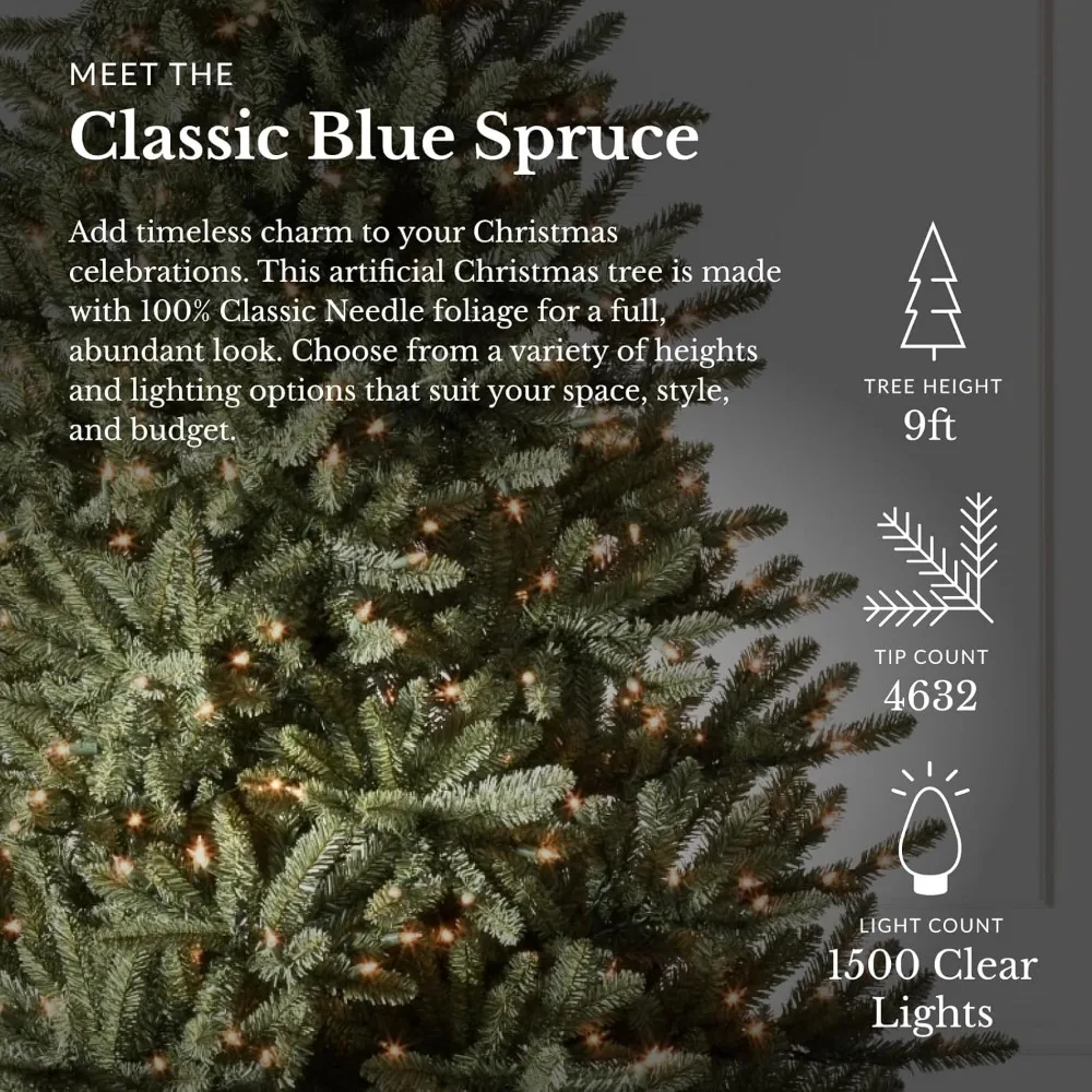 A Classic Blue Spruce Artificial Christmas Tree with 9-foot Pre Installed Lights and Clear Lights Festive & Party Supplies