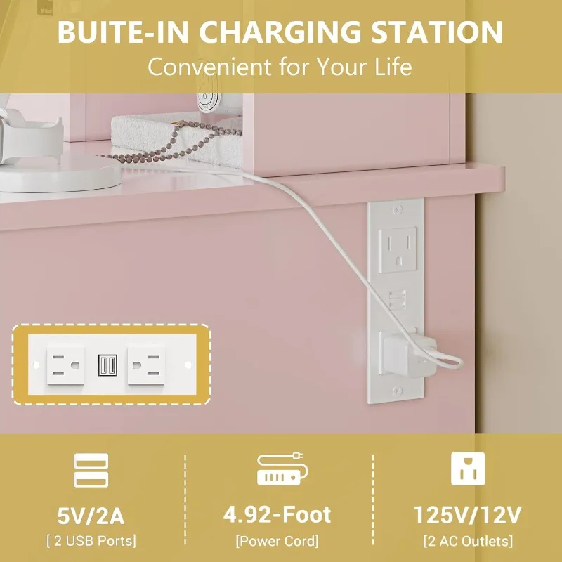 with Mirror and Lights, Makeup Dressing Table Set with Storage Drawers & Stool, Power Outlet, 3 Lighting Modes Adjus