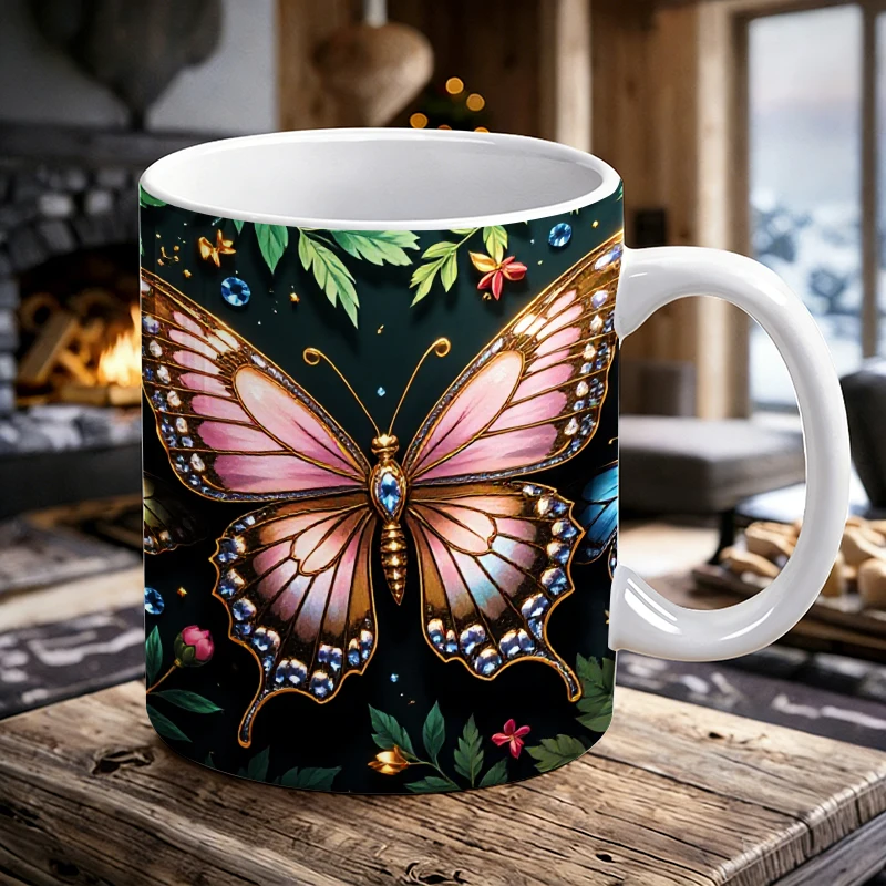 

1pcs Gilded Gem Butterfly Illustration Ceramic Cup with Handle, Creative Coffee Cup, Milk Cup,Office Tea Cup, Water Drinking Cup