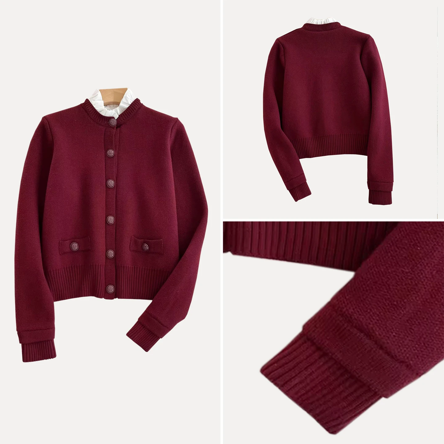 

Осенний женский модный короткий вязаный кардиган с воротником-стойкой, универсальный, с длинными рукавами, для повседневной носки, молодежный размер, коллекция 2025 года