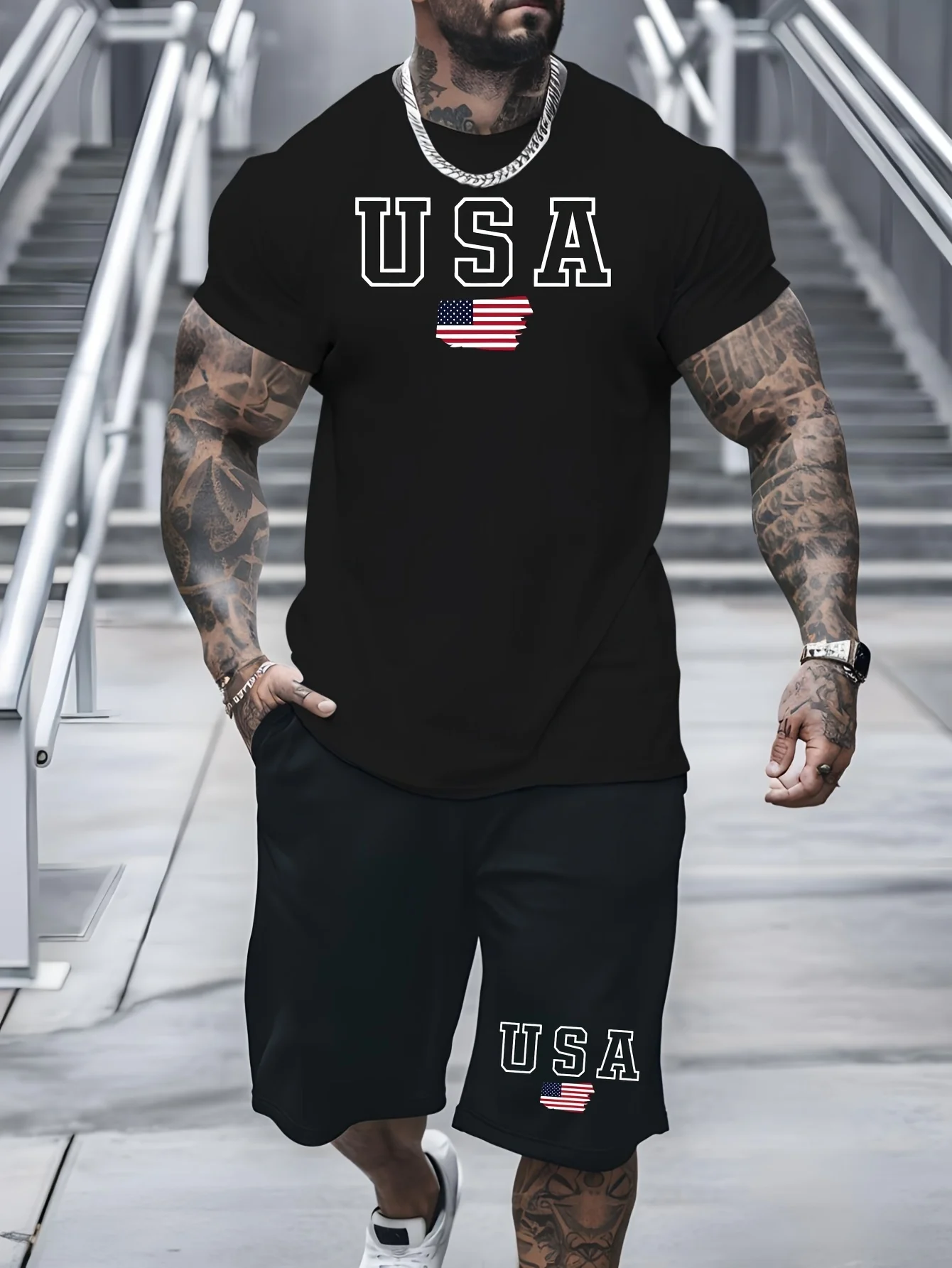 

2026 NEW Quick-Dry Men's Sport Set, Printed Tee & Elastic Drawstring Shorts, Polyester Blend Casual Outfit for Running & Hiking