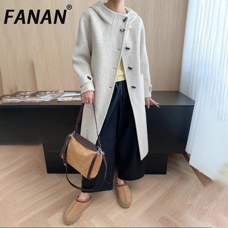 

FANAN Vintage Wool Coats For Women Hooded Design Single Breasted Office Lady Temperament Long Outwear Fashion Winter New