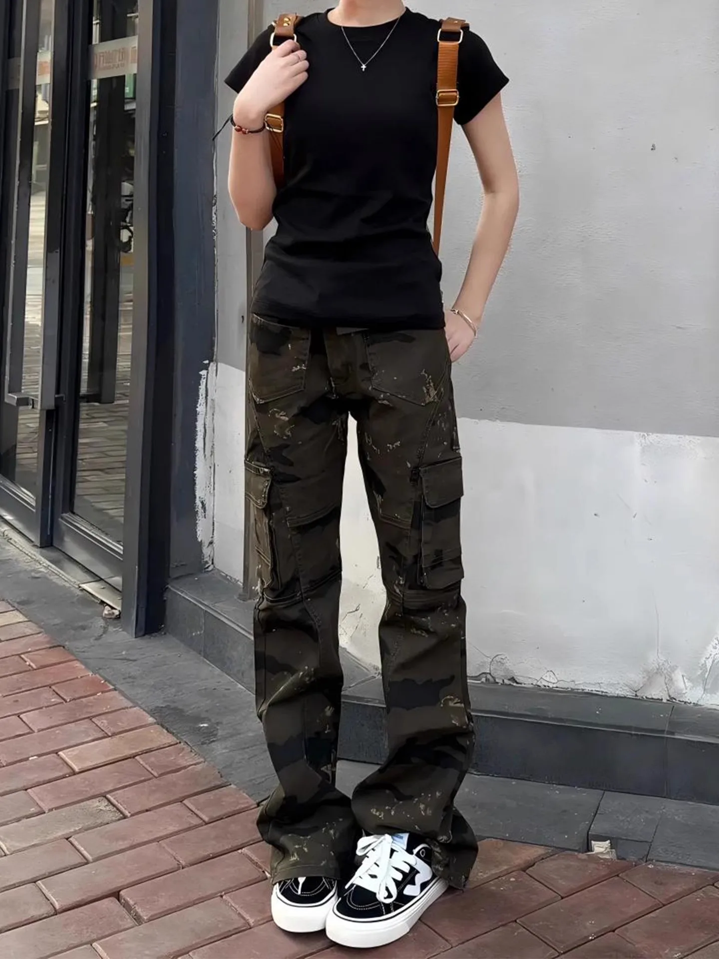 

American Retro Camouflage Jeans Men's Slim Fit Straight Leg Micro Flared Workwear Pants High Street Vibe Multi ket Leisure