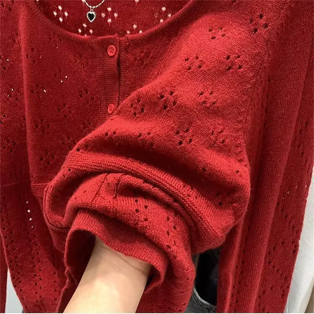 Women's Red Retro Hollowed Out Knitted Sweater Spring Summer Thin Sunscreen Cardigan Korean Style All-matched Short Top