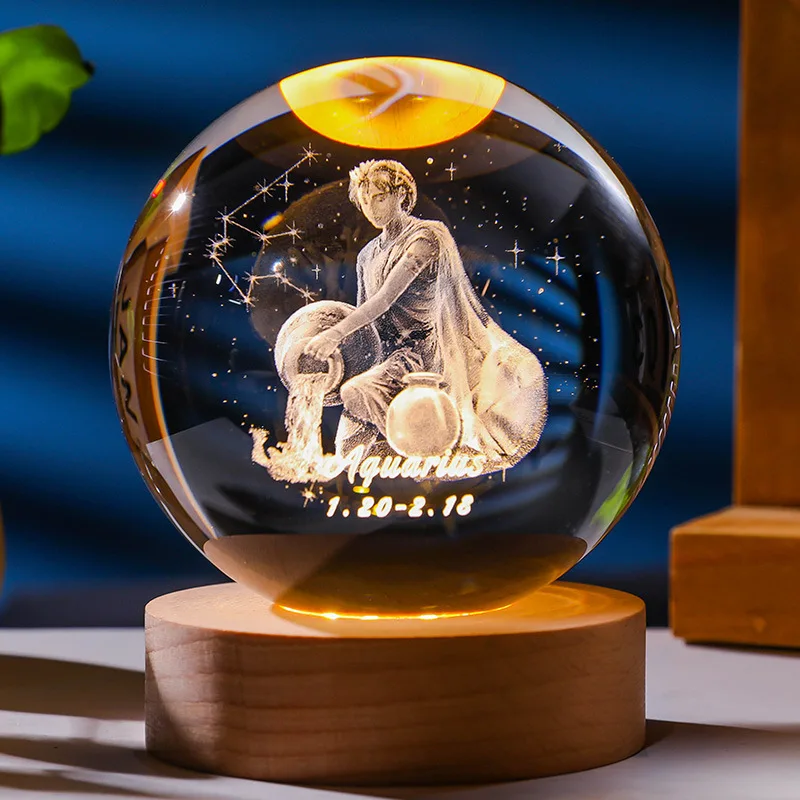 3D Constellation Crystal Ball Night Light Laser Engraved Birthday Gift Glass Sphere Home Desktop Decoration with Wooden USB Base