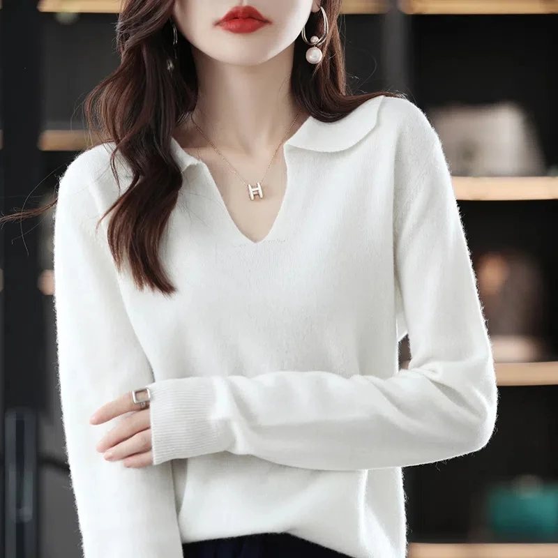 2022 New Lapel Polo Neck Knitted Bottoming Top Women\'s Autumn Winter Solid Color Base All Match Causal Sweater For Fashion