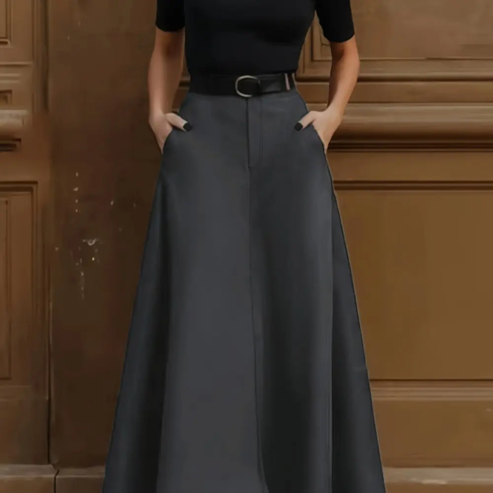 

Women's High Waist Maxi Skirt K-Fashion Basic Solid Color Autumn Winter A-Line Daily Half Skirt