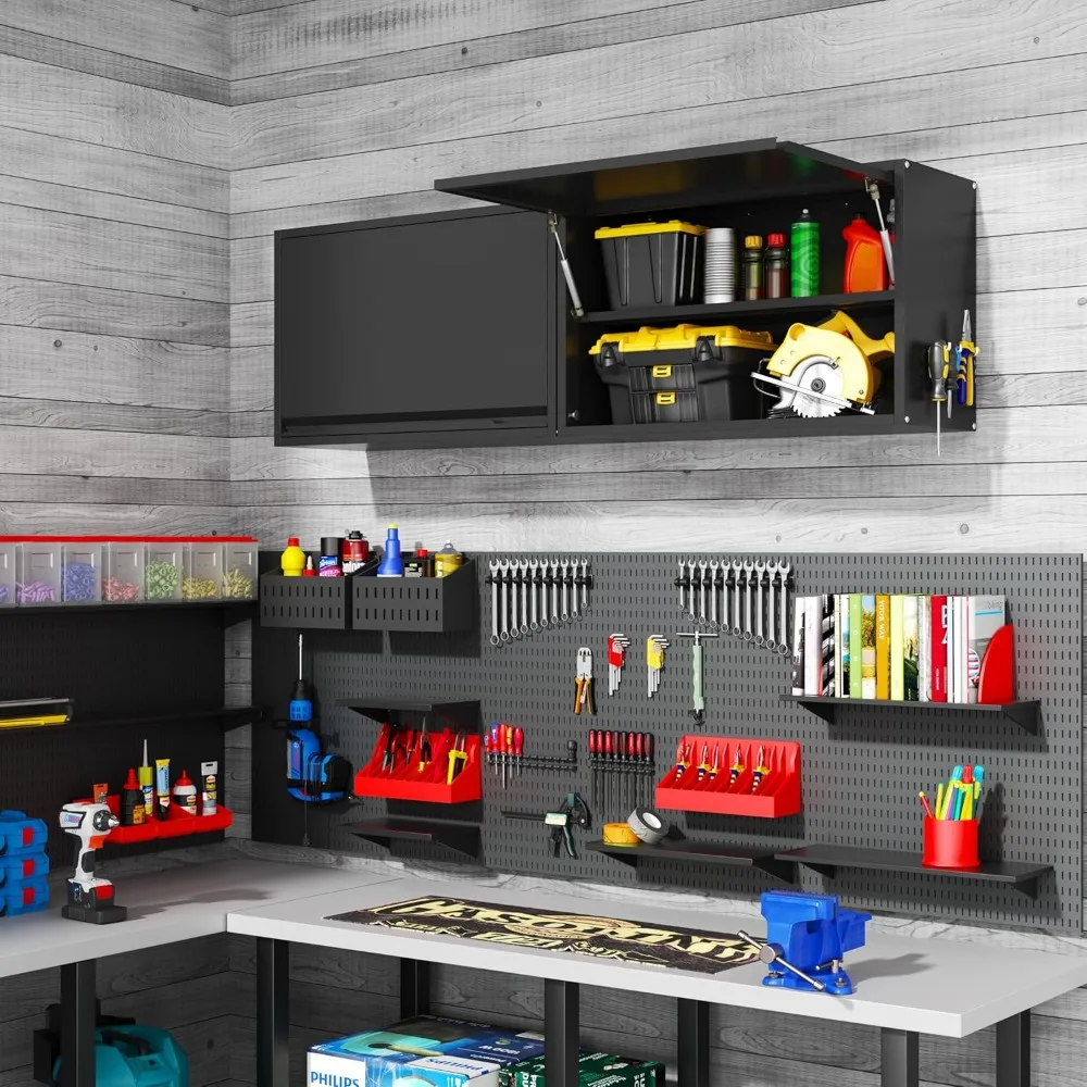 Metal Wall-Mounted Storage Cabinet with Flip-Up Door and Shelves, 19.7 High, Garage Hanging Cabinet Solution