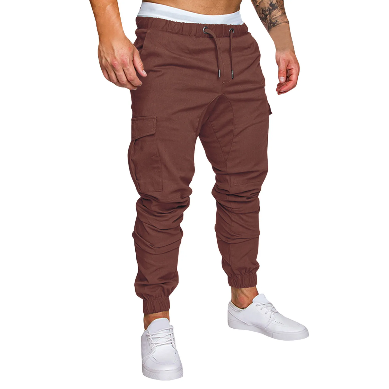 Men Casual Solid Color Skinny Cargo Pants Pockets Waist Drawstring Ankle Tied Work Trousers Outdoor Hiking Joggers Pant